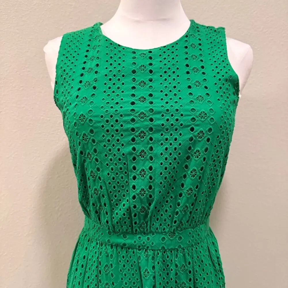 J.Crew Emerald Green Eyelet Midi Dress Ruffle Hem Resort Summer 100% Cotton 6 - Picture 5 of 10